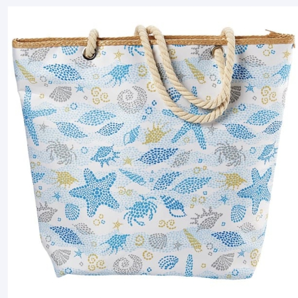 Coastal Beach Large Canvas Zip Top Tote W/ Rope Handles NWT